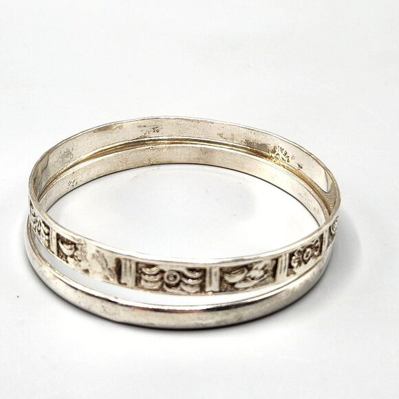 Sterling Silver Bangle Bracelets 925 Taxco Mexico Pair Panel Plain Handmade - Picture 1 of 15